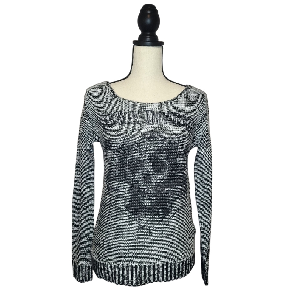 Harley-Davidson Sweater Black White Skull Distressed Print Scoop Neckline Size S